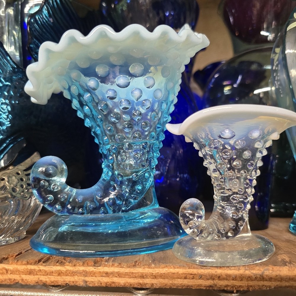 Vintage Blue and White Opalescent Hobnail Cornicopia Glass Vases Fenton